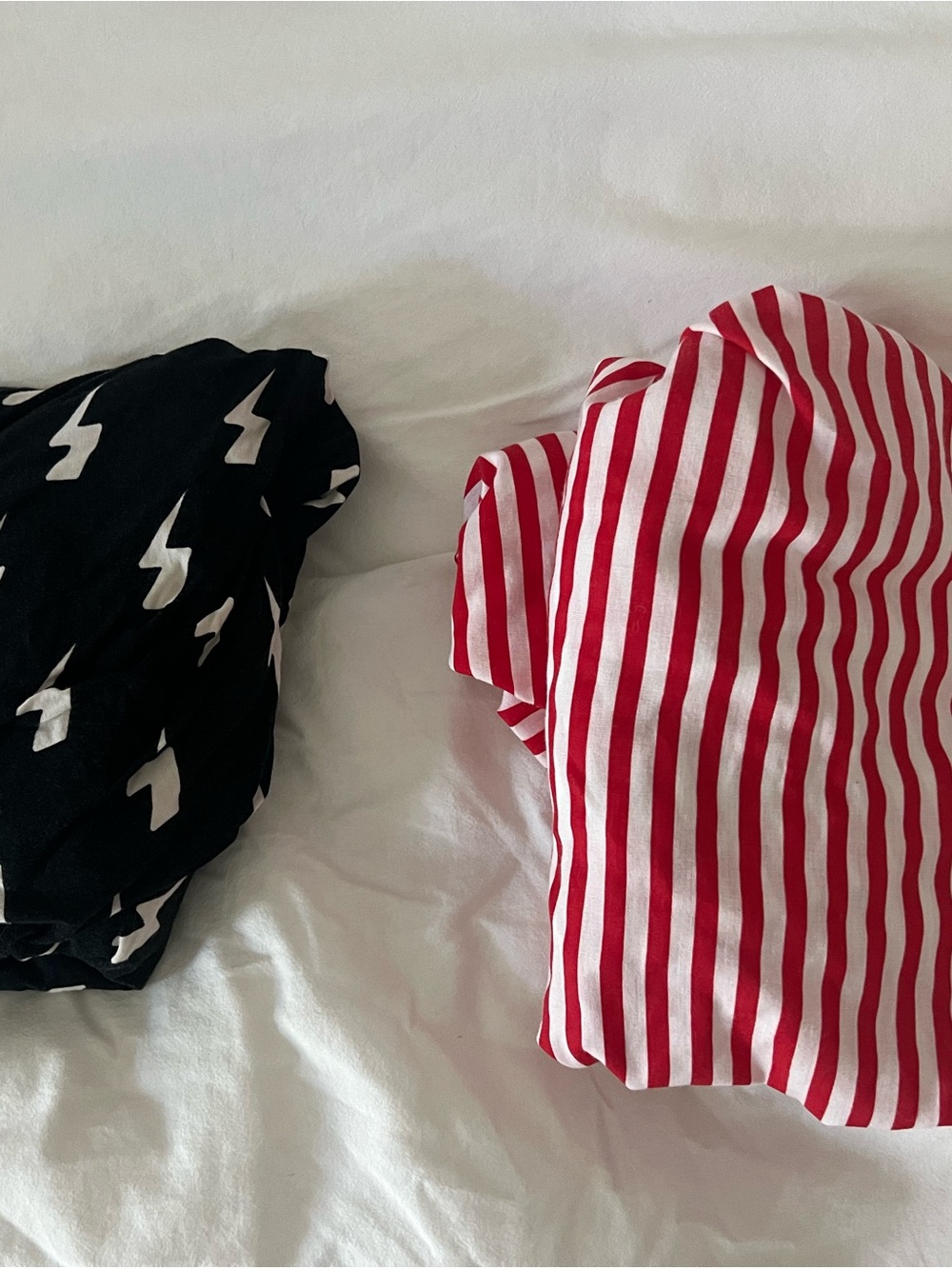 Red & White Striped and Black Lightning Print mini crib sheets